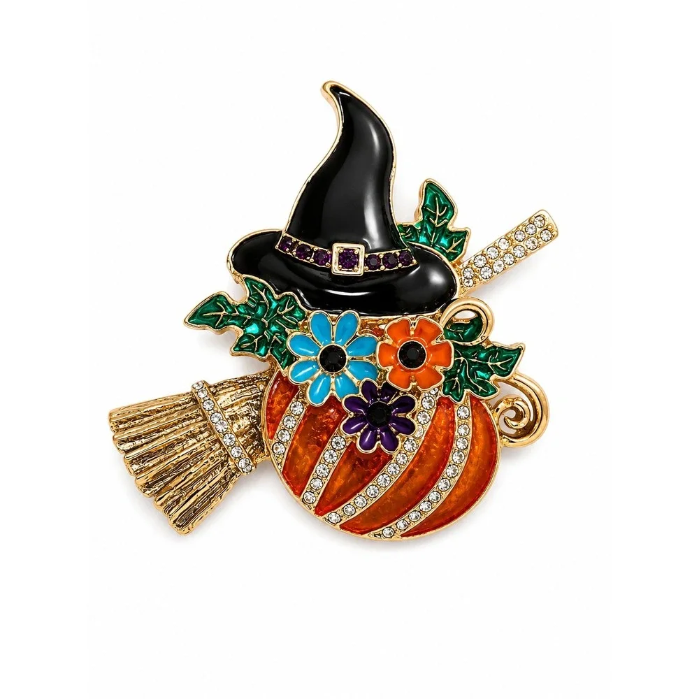 New Halloween Witch Pumpkin Brooch Enamel Rhinestone Broom Pin Fall Costume